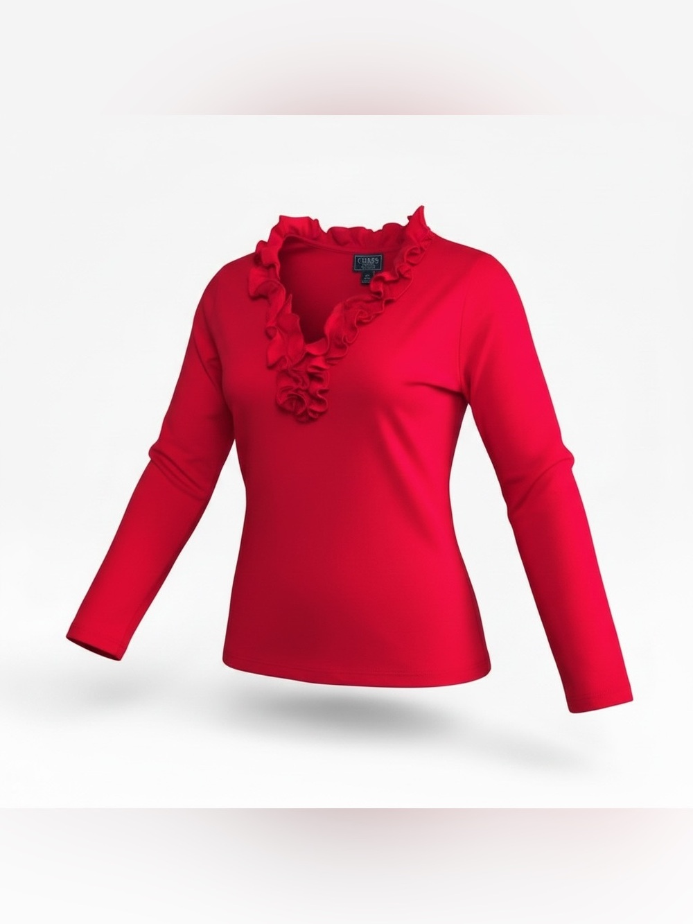 Vintage Chaps Ralph Lauren Y2K Ruffle Neck Top Red Cotton Rosette V-Neck PXL